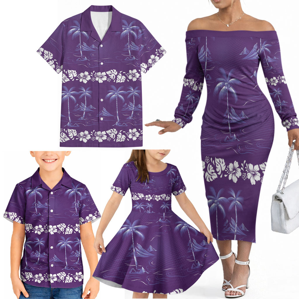 Purple Hawaii Palm Tree Hibiscus Family Matching Off The Shoulder Long Sleeve Dress and Hawaiian Shirt Fantasy Summer Vibe