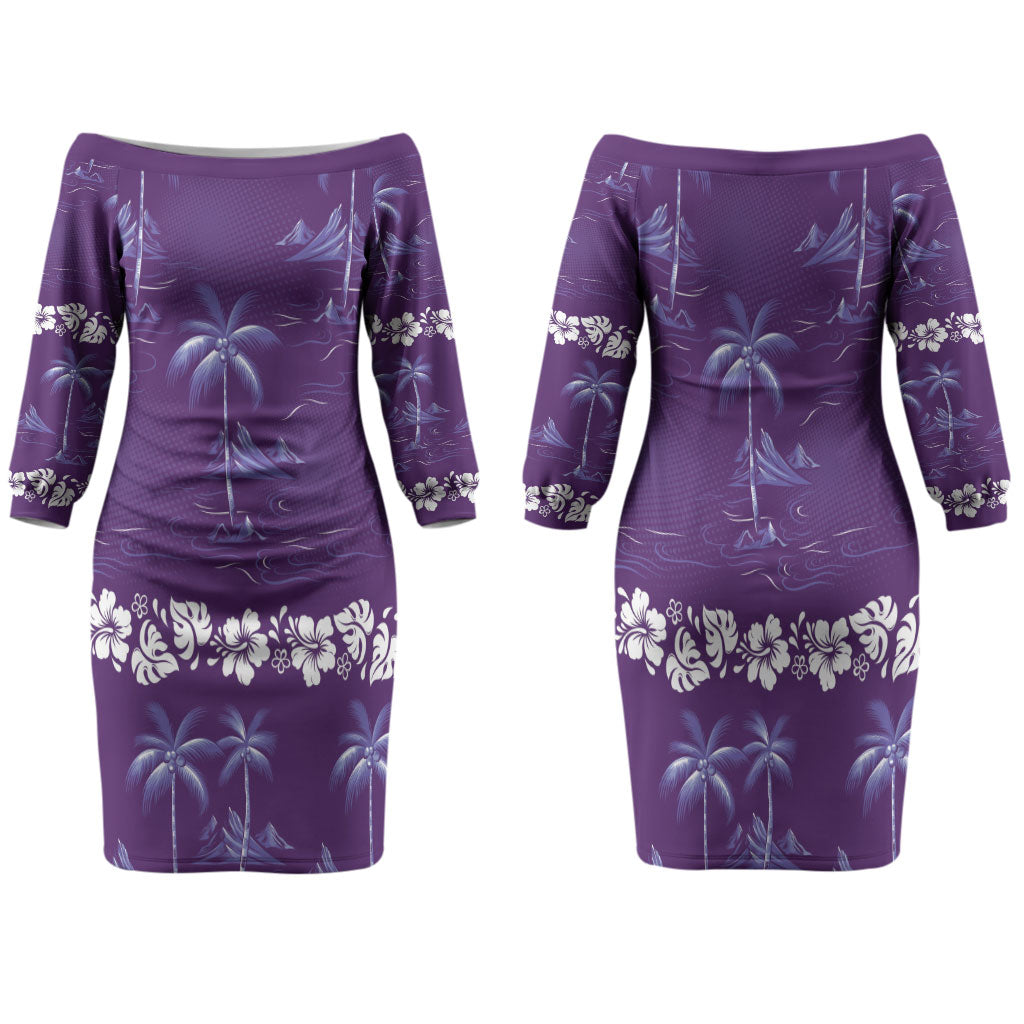 Purple Hawaii Palm Tree Hibiscus Family Matching Off The Shoulder Long Sleeve Dress and Hawaiian Shirt Fantasy Summer Vibe