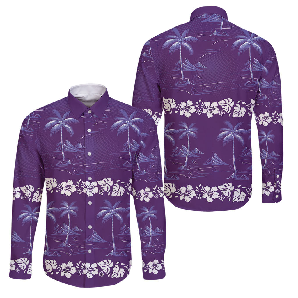 Purple Hawaii Palm Tree Hibiscus Family Matching Off The Shoulder Long Sleeve Dress and Hawaiian Shirt Fantasy Summer Vibe