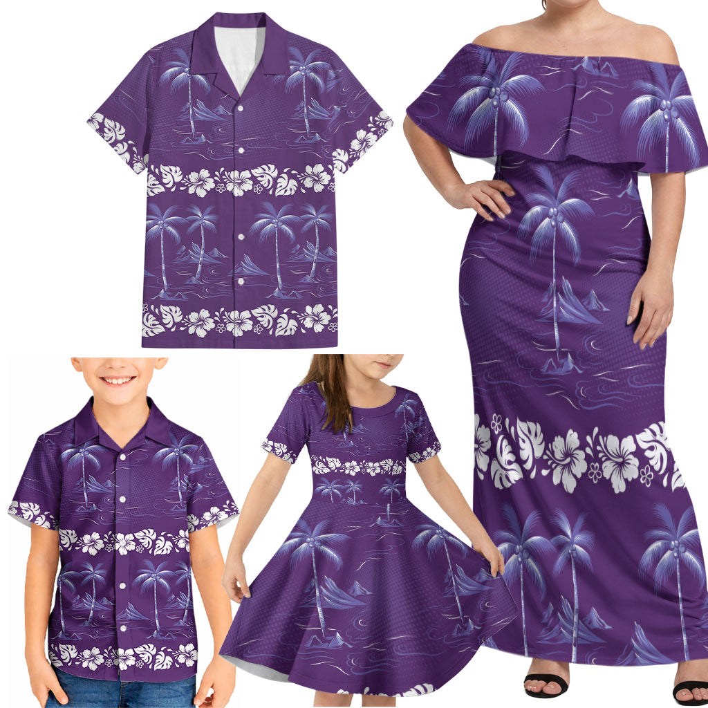 Purple Hawaii Palm Tree Hibiscus Family Matching Off Shoulder Maxi Dress and Hawaiian Shirt Fantasy Summer Vibe