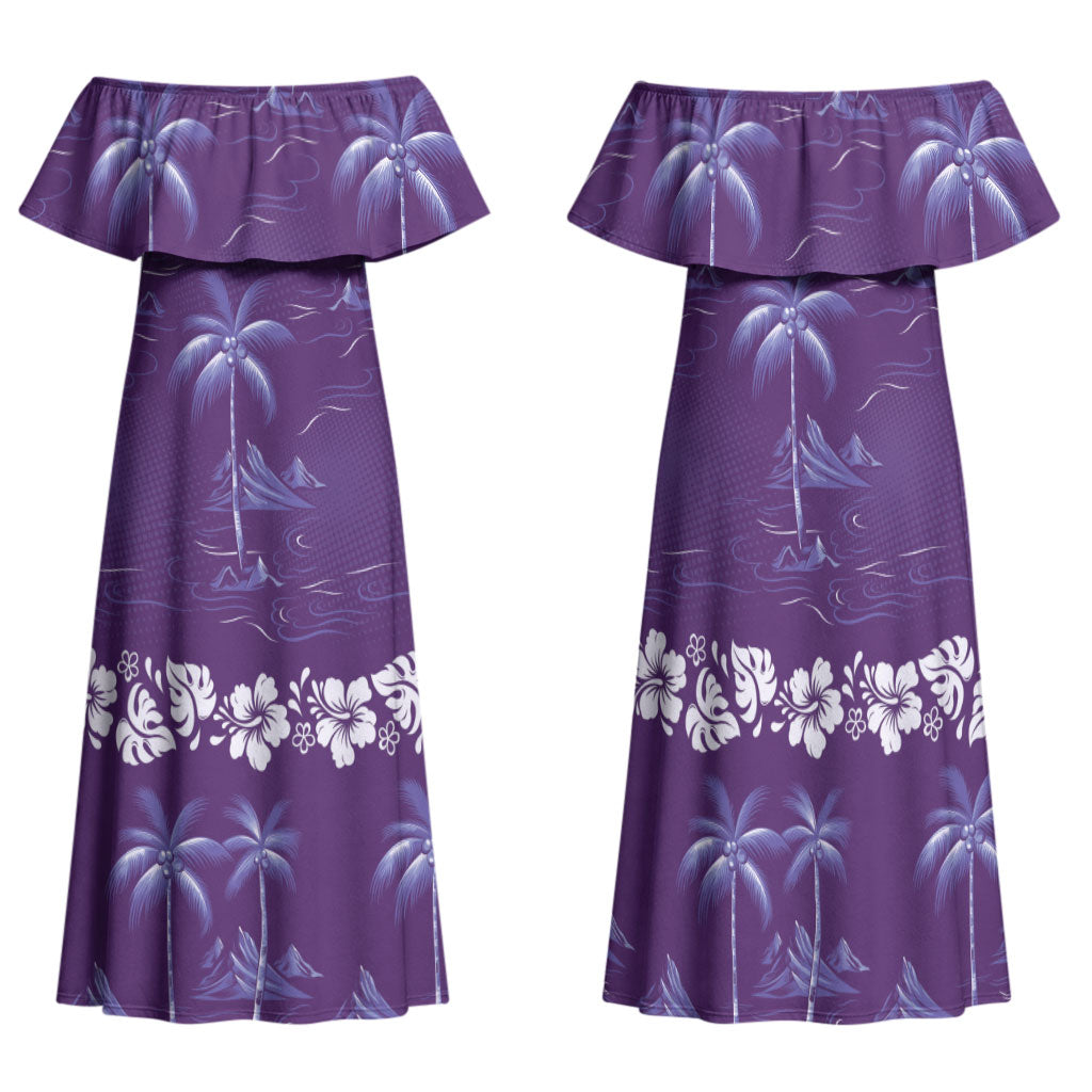 Purple Hawaii Palm Tree Hibiscus Family Matching Off Shoulder Maxi Dress and Hawaiian Shirt Fantasy Summer Vibe