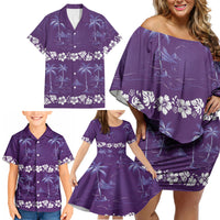 Purple Hawaii Palm Tree Hibiscus Family Matching Off Shoulder Short Dress and Hawaiian Shirt Fantasy Summer Vibe