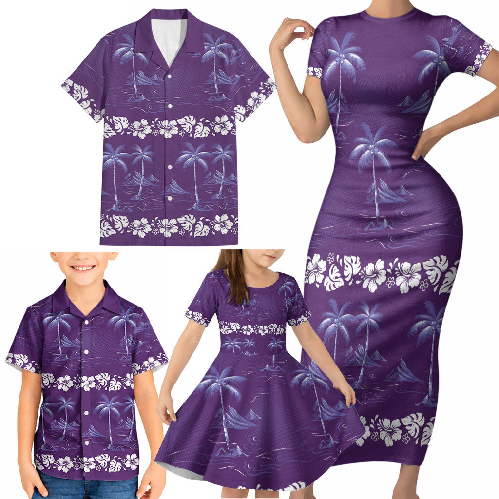 Purple Hawaii Palm Tree Hibiscus Family Matching Short Sleeve Bodycon Dress and Hawaiian Shirt Fantasy Summer Vibe