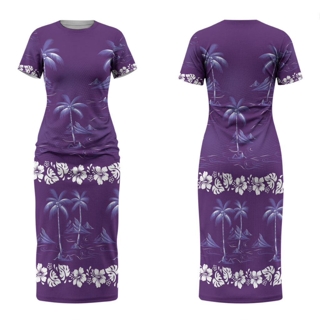 Purple Hawaii Palm Tree Hibiscus Family Matching Short Sleeve Bodycon Dress and Hawaiian Shirt Fantasy Summer Vibe