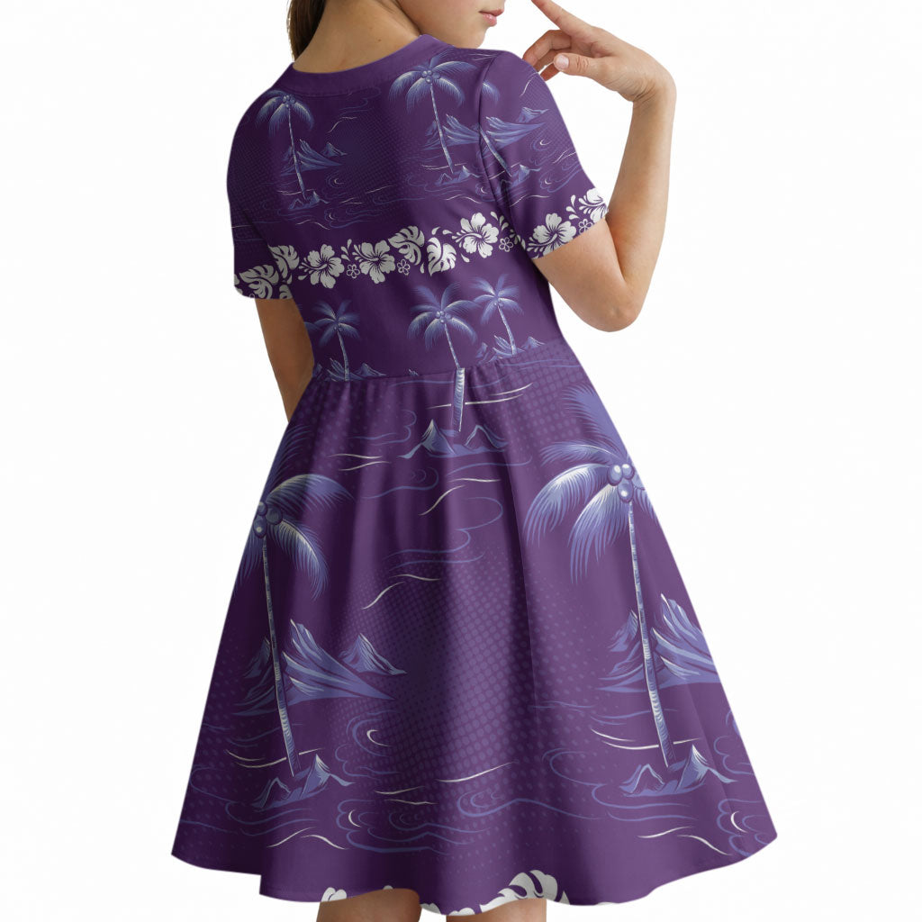 Purple Hawaii Palm Tree Hibiscus Kid Short Sleeve Dress Fantasy Summer Vibe
