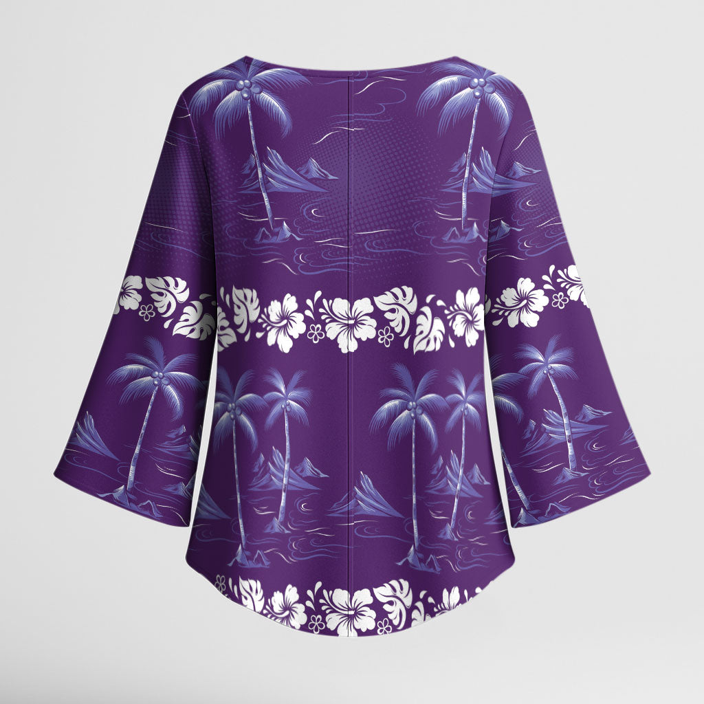 Purple Hawaii Palm Tree Hibiscus Kimono Sleeve Blouse Fantasy Summer Vibe