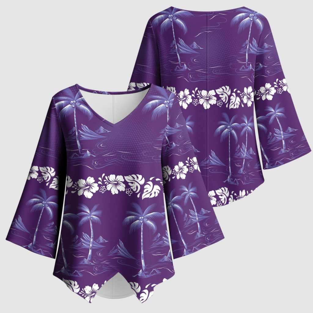 Purple Hawaii Palm Tree Hibiscus Kimono Sleeve Blouse Fantasy Summer Vibe