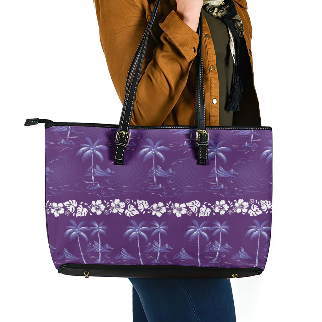 Purple Hawaii Palm Tree Hibiscus Leather Tote Bag Fantasy Summer Vibe