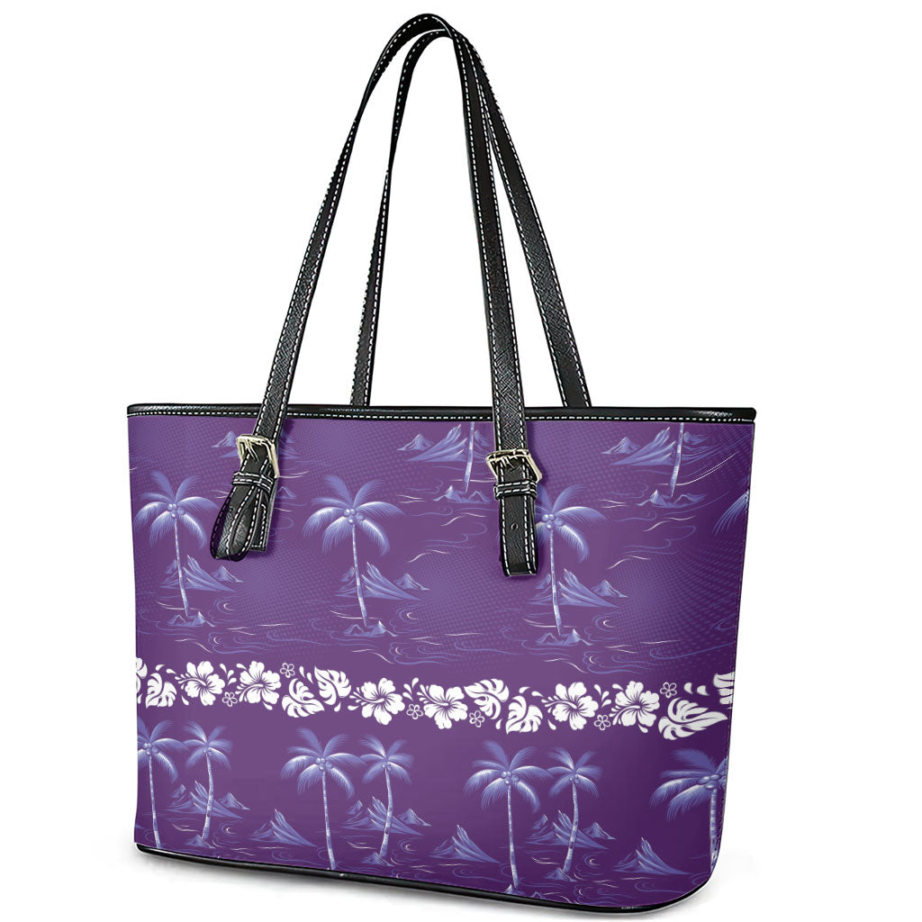 Purple Hawaii Palm Tree Hibiscus Leather Tote Bag Fantasy Summer Vibe
