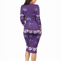 Purple Hawaii Palm Tree Hibiscus Long Sleeve Bodycon Dress Fantasy Summer Vibe