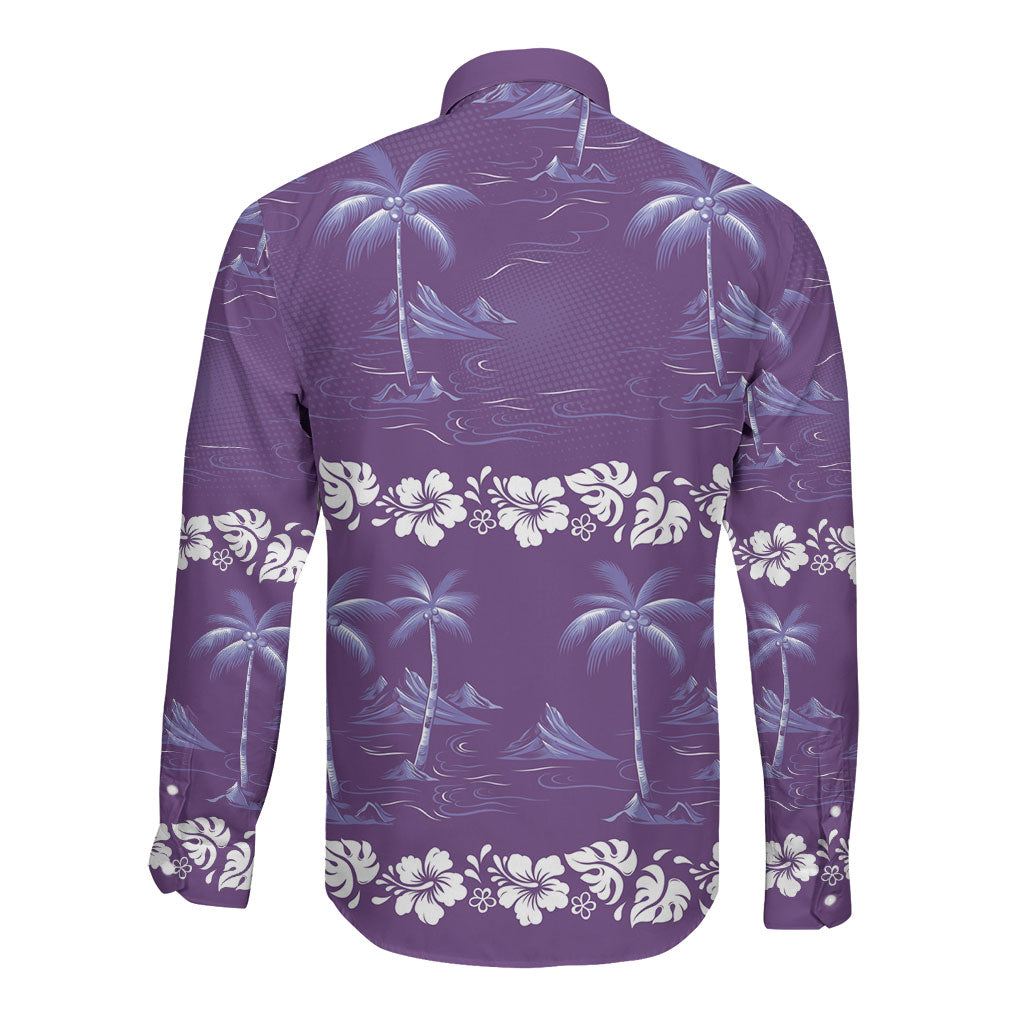 Purple Hawaii Palm Tree Hibiscus Long Sleeve Button Shirt Fantasy Summer Vibe