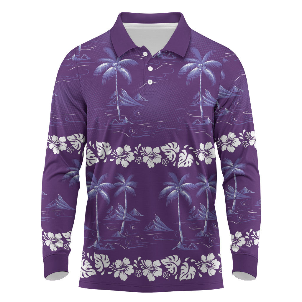 Purple Hawaii Palm Tree Hibiscus Long Sleeve Polo Shirt Fantasy Summer Vibe