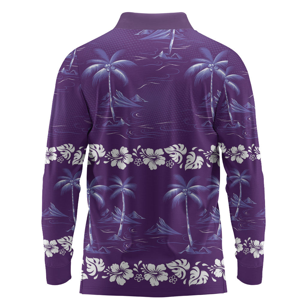 Purple Hawaii Palm Tree Hibiscus Long Sleeve Polo Shirt Fantasy Summer Vibe