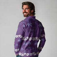 Purple Hawaii Palm Tree Hibiscus Long Sleeve Polo Shirt Fantasy Summer Vibe