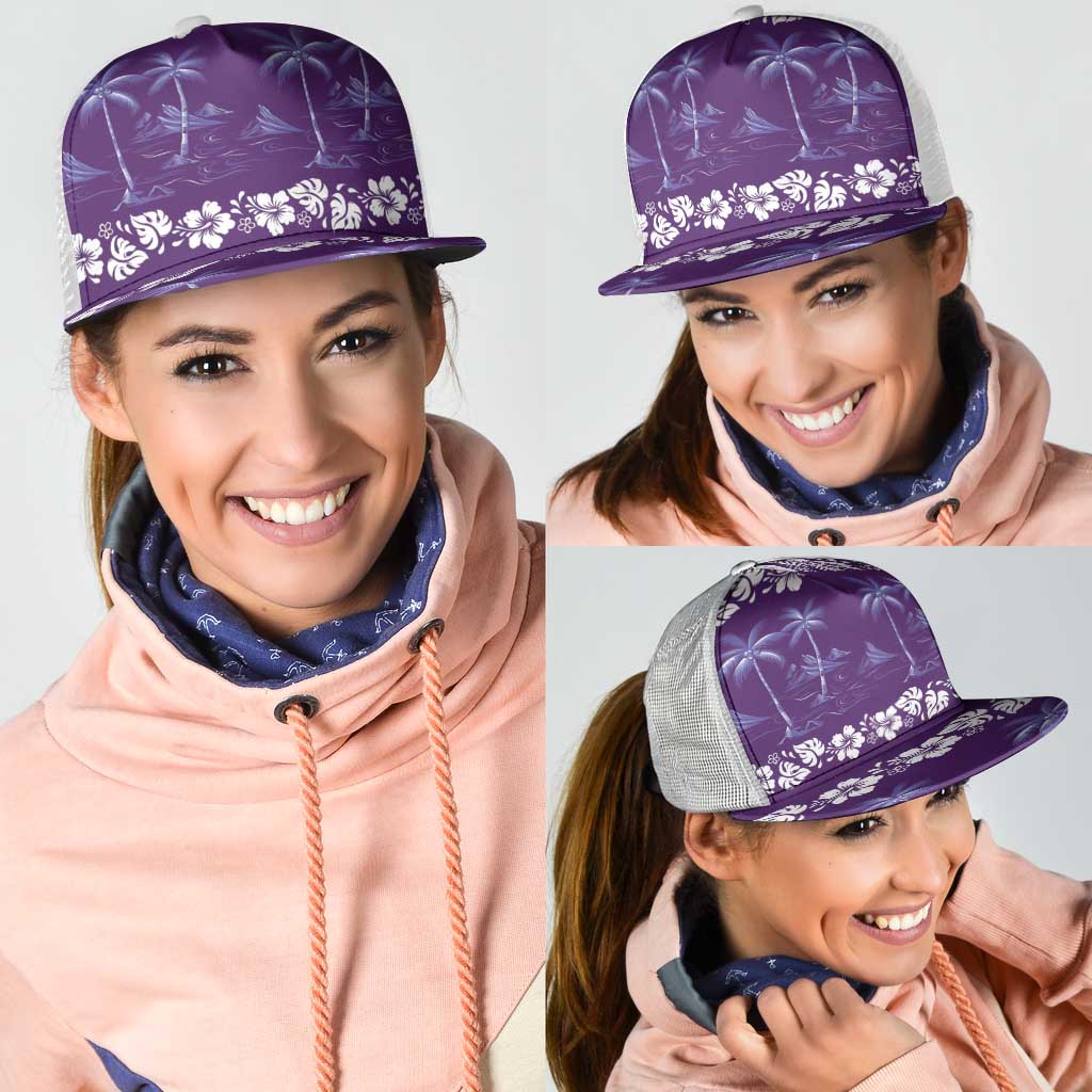 Purple Hawaii Palm Tree Hibiscus Mesh Trucker Cap Fantasy Summer Vibe