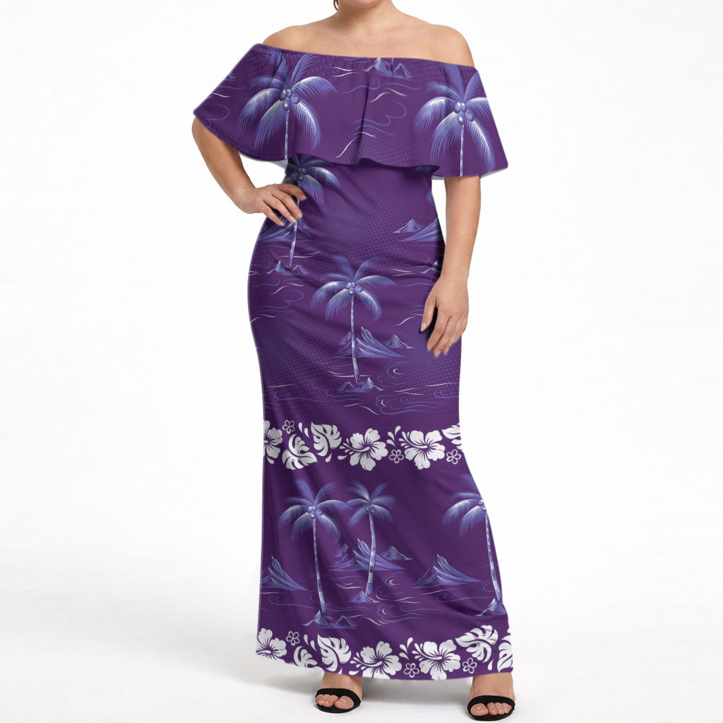 Purple Hawaii Palm Tree Hibiscus Off Shoulder Maxi Dress Fantasy Summer Vibe LT01 Women Purple - Polynesian Pride