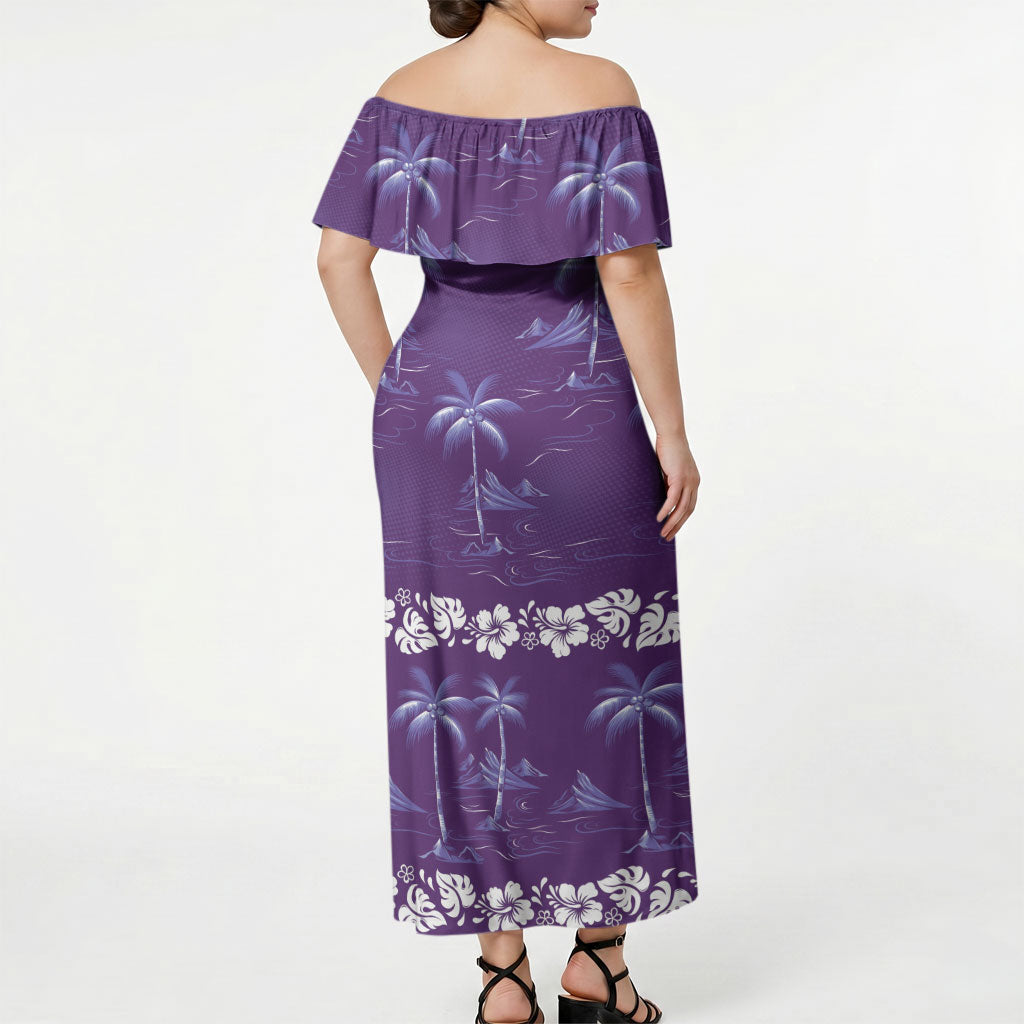 Purple Hawaii Palm Tree Hibiscus Off Shoulder Maxi Dress Fantasy Summer Vibe
