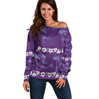Purple Hawaii Palm Tree Hibiscus Off Shoulder Sweater Fantasy Summer Vibe