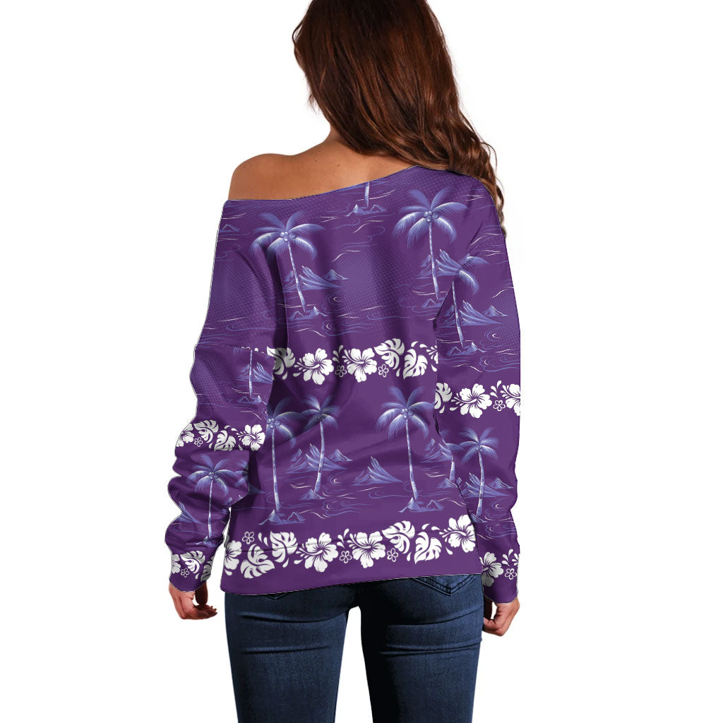 Purple Hawaii Palm Tree Hibiscus Off Shoulder Sweater Fantasy Summer Vibe