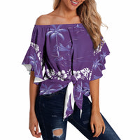 Purple Hawaii Palm Tree Hibiscus Off Shoulder Wrap Waist Top Fantasy Summer Vibe