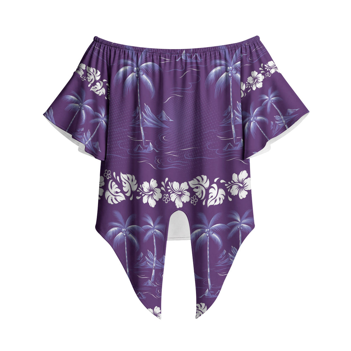 Purple Hawaii Palm Tree Hibiscus Off Shoulder Wrap Waist Top Fantasy Summer Vibe