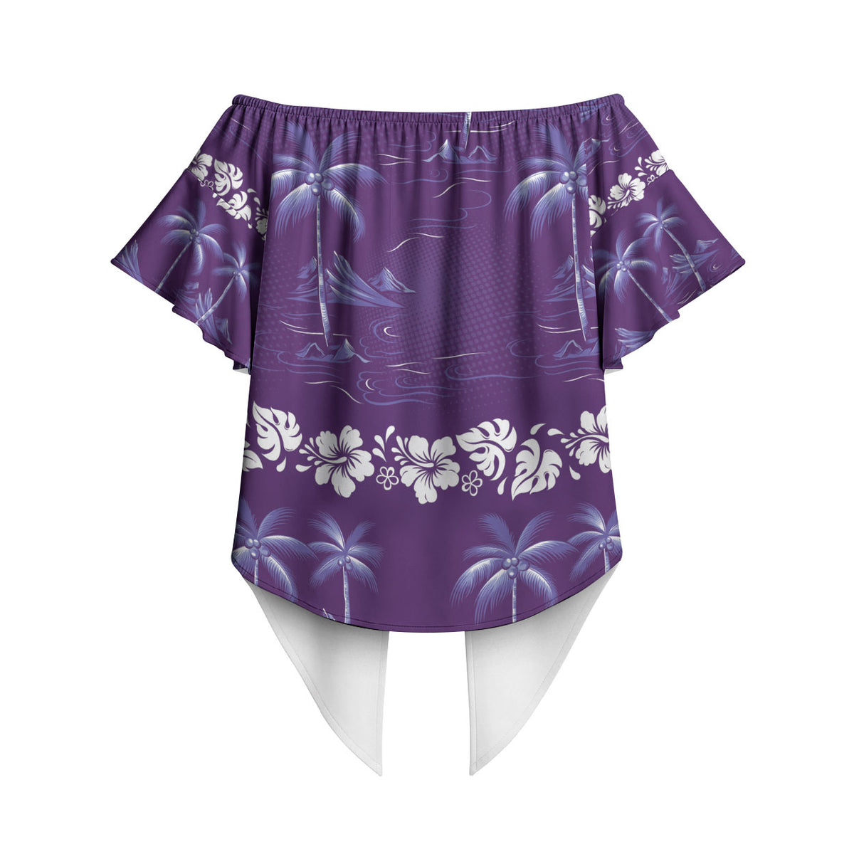 Purple Hawaii Palm Tree Hibiscus Off Shoulder Wrap Waist Top Fantasy Summer Vibe