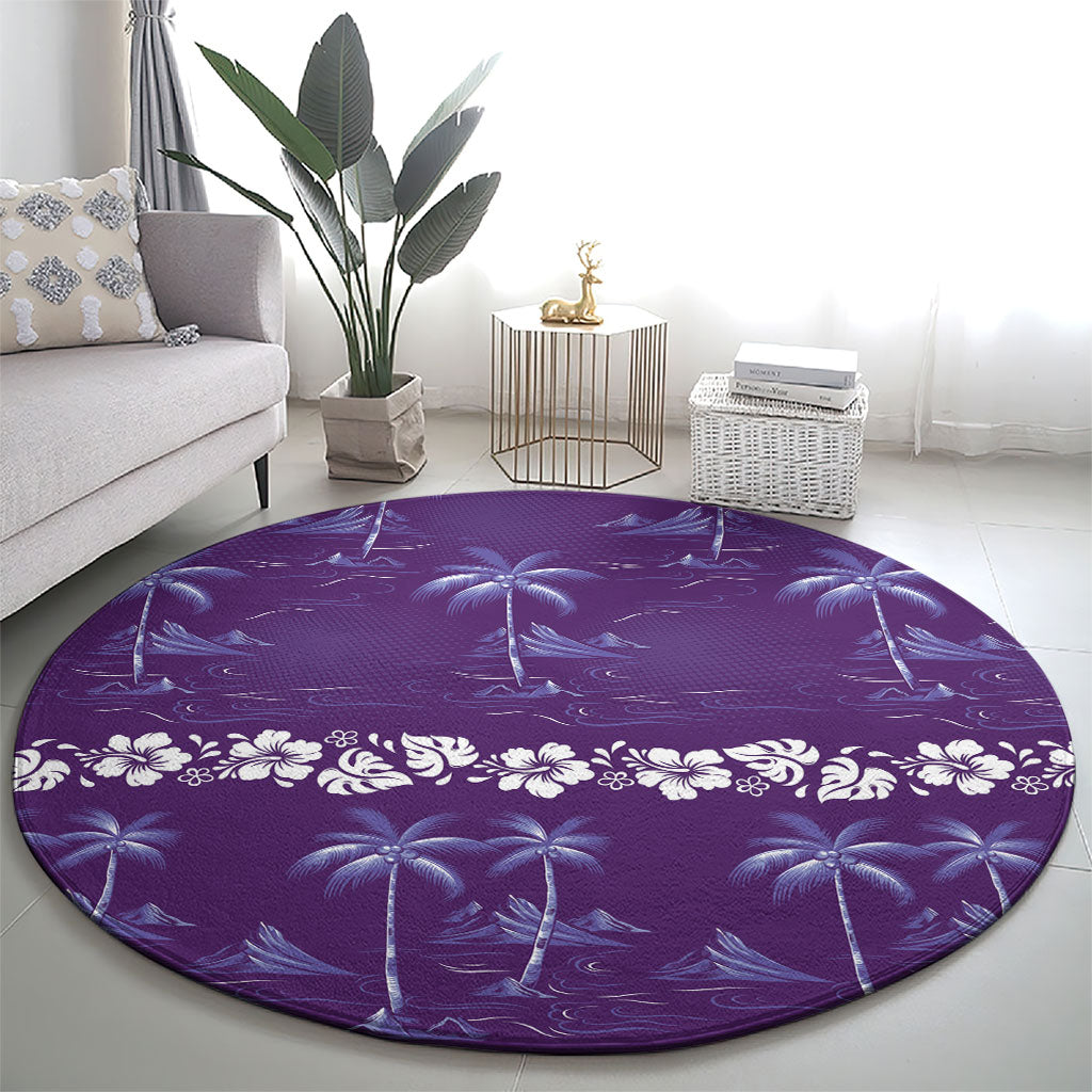 Purple Hawaii Palm Tree Hibiscus Round Carpet Fantasy Summer Vibe