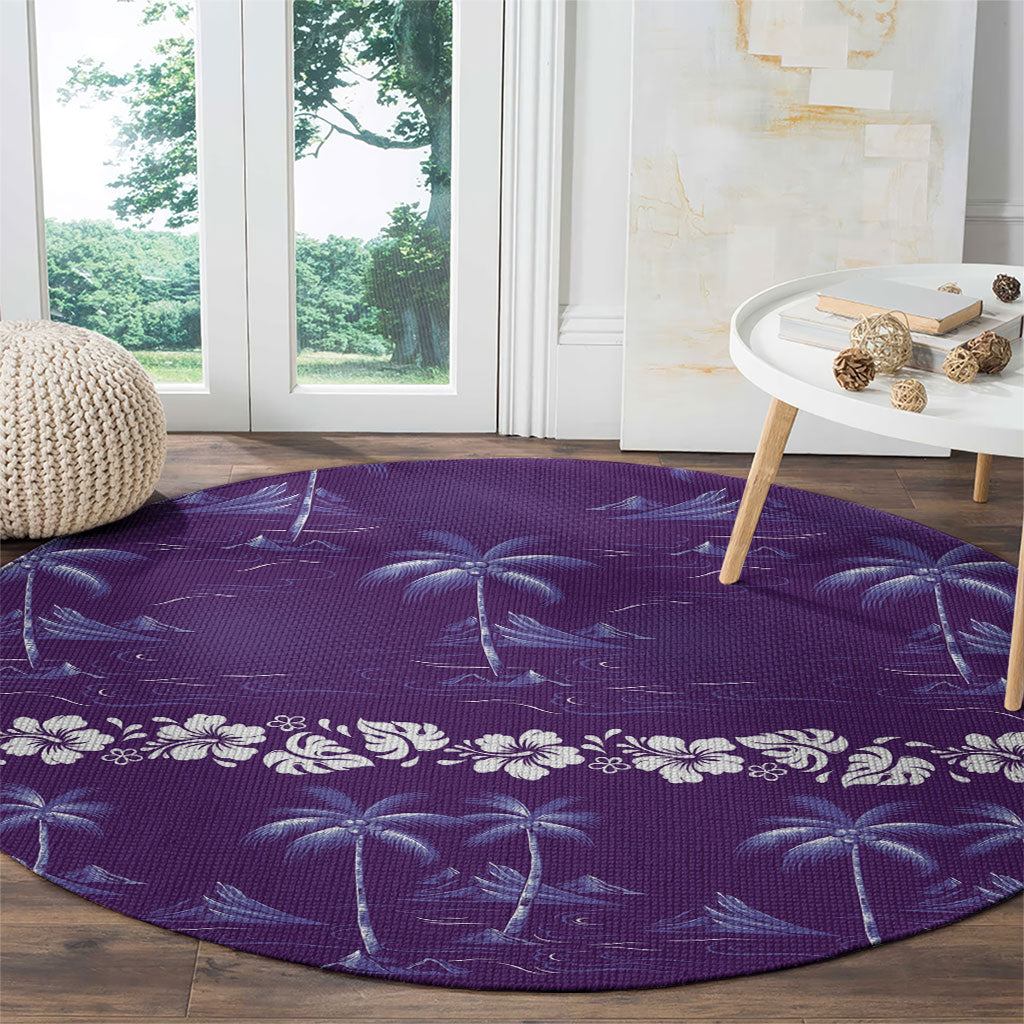 Purple Hawaii Palm Tree Hibiscus Round Carpet Fantasy Summer Vibe