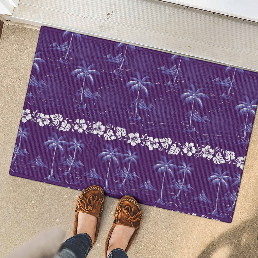 Purple Hawaii Palm Tree Hibiscus Rubber Doormat Fantasy Summer Vibe