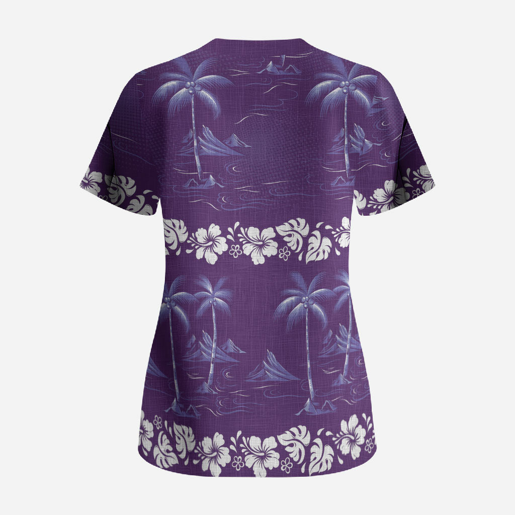 Purple Hawaii Palm Tree Hibiscus Scrub Top Fantasy Summer Vibe