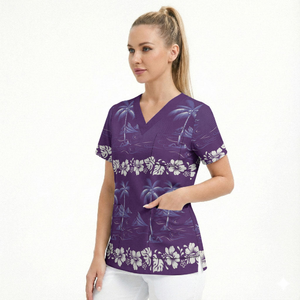 Purple Hawaii Palm Tree Hibiscus Scrub Top Fantasy Summer Vibe