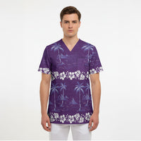 Purple Hawaii Palm Tree Hibiscus Scrub Top Fantasy Summer Vibe