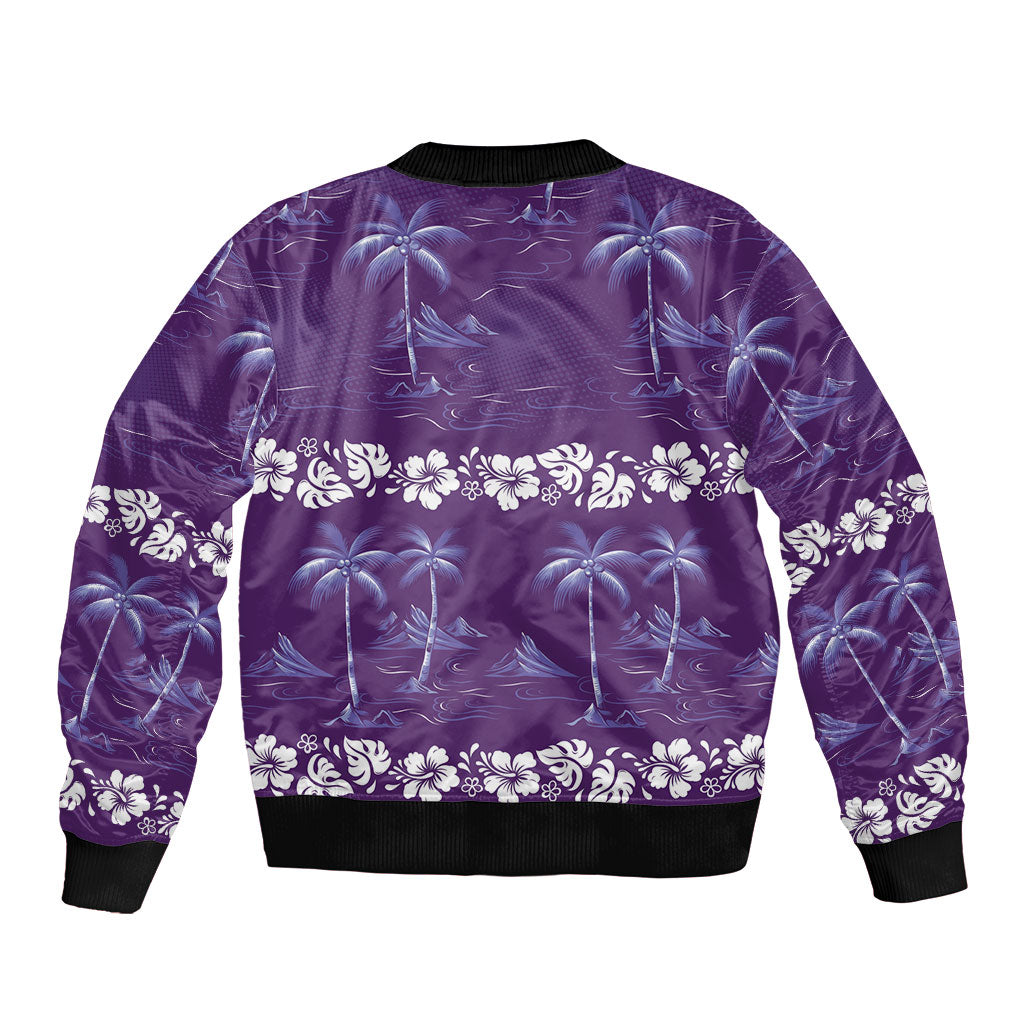 Purple Hawaii Palm Tree Hibiscus Sleeve Zip Bomber Jacket Fantasy Summer Vibe