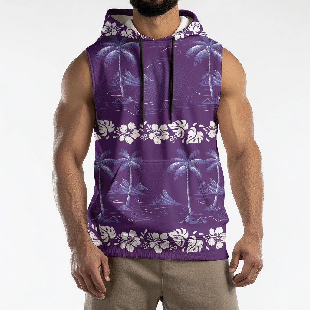 Purple Hawaii Palm Tree Hibiscus Sleeveless Hoodie Fantasy Summer Vibe