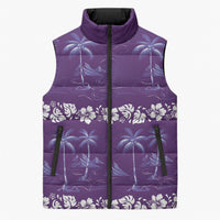 Purple Hawaii Palm Tree Hibiscus Sleeveless Puffer Jacket Fantasy Summer Vibe