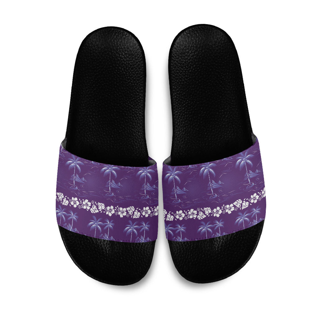 Purple Hawaii Palm Tree Hibiscus Slide Sandals Fantasy Summer Vibe