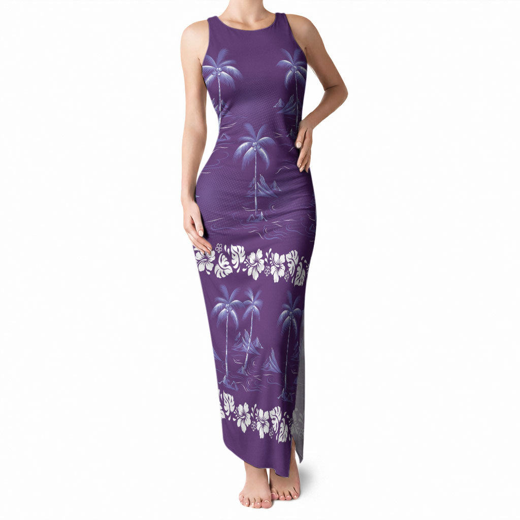Purple Hawaii Palm Tree Hibiscus Tank Maxi Dress Fantasy Summer Vibe