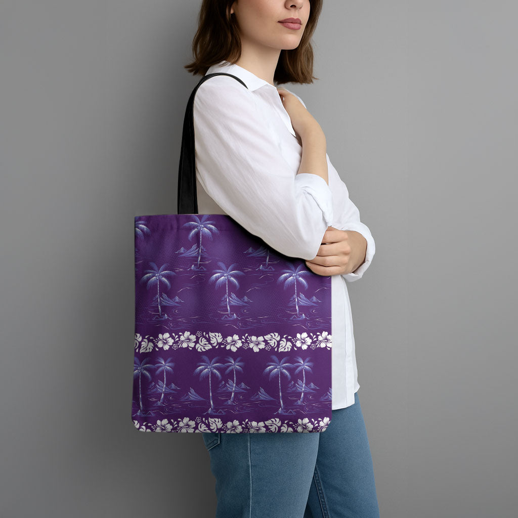 Purple Hawaii Palm Tree Hibiscus Tote Bag Fantasy Summer Vibe