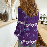 Purple Hawaii Palm Tree Hibiscus Women Casual Shirt Fantasy Summer Vibe