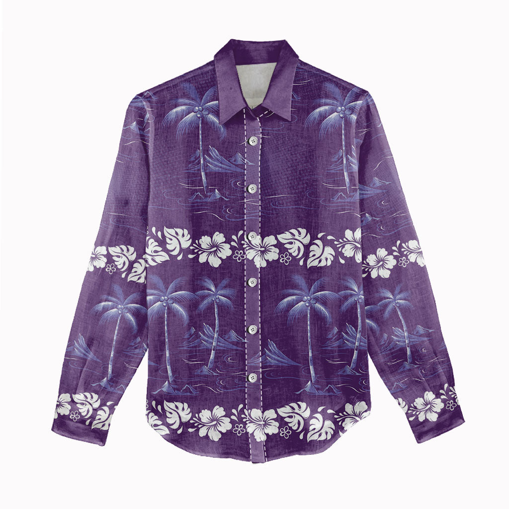 Purple Hawaii Palm Tree Hibiscus Women Casual Shirt Fantasy Summer Vibe