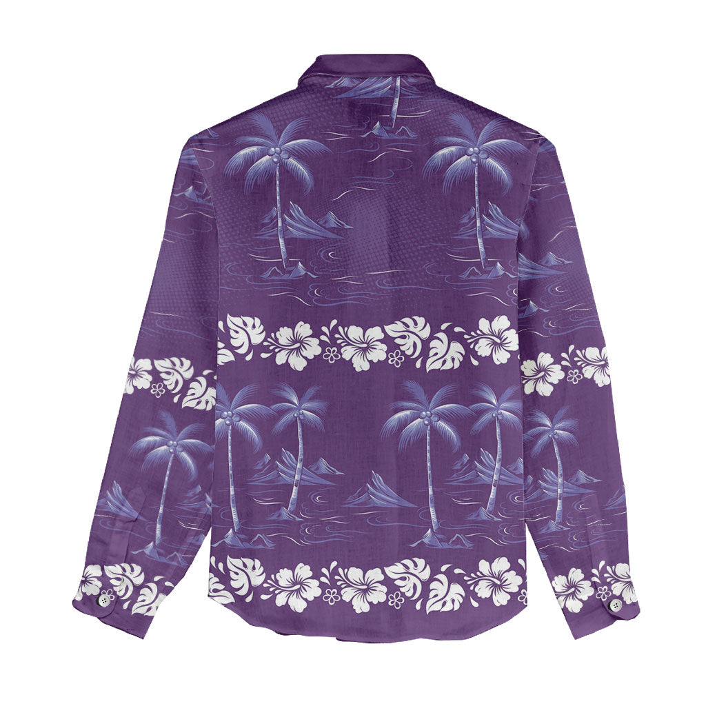 Purple Hawaii Palm Tree Hibiscus Women Casual Shirt Fantasy Summer Vibe