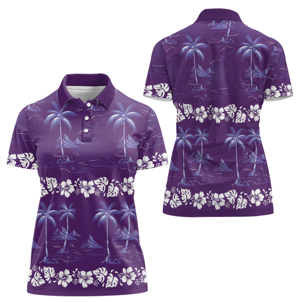 Purple Hawaii Palm Tree Hibiscus Women Polo Shirt Fantasy Summer Vibe