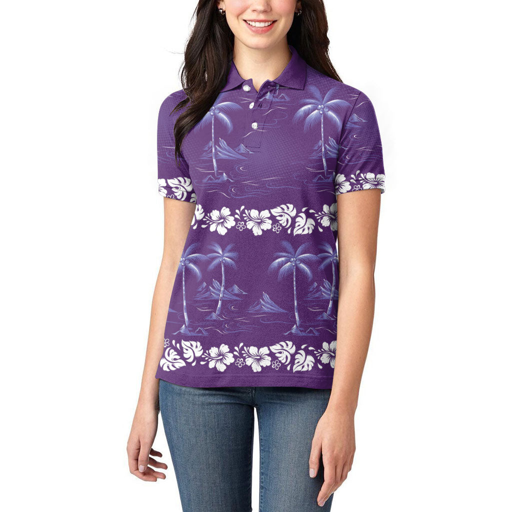 Purple Hawaii Palm Tree Hibiscus Women Polo Shirt Fantasy Summer Vibe
