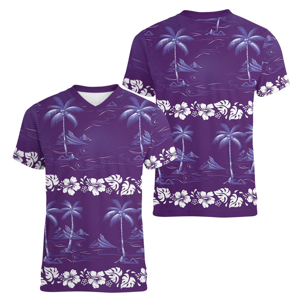 Purple Hawaii Palm Tree Hibiscus Women V-Neck T-Shirt Fantasy Summer Vibe