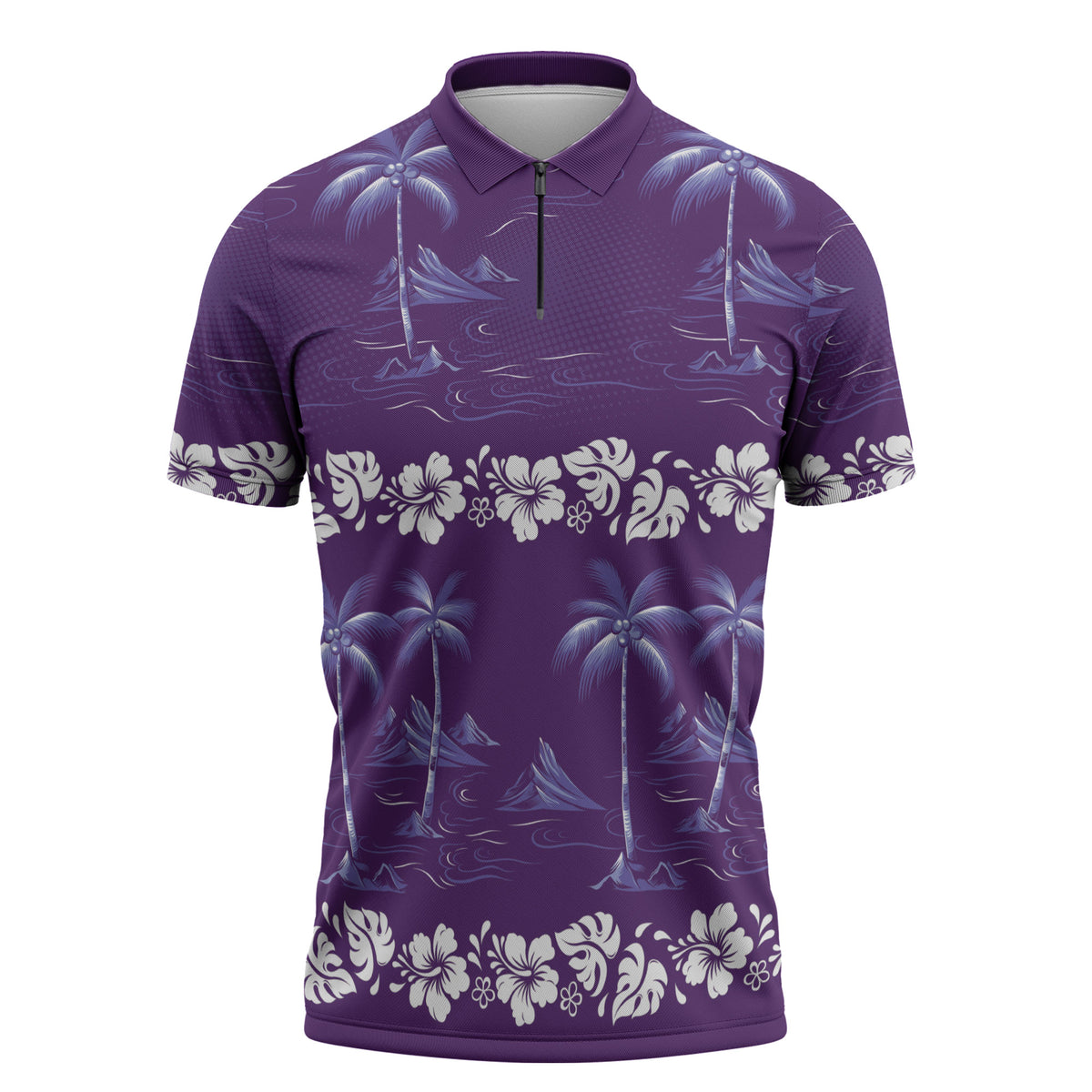 Purple Hawaii Palm Tree Hibiscus Zipper Polo Shirt Fantasy Summer Vibe