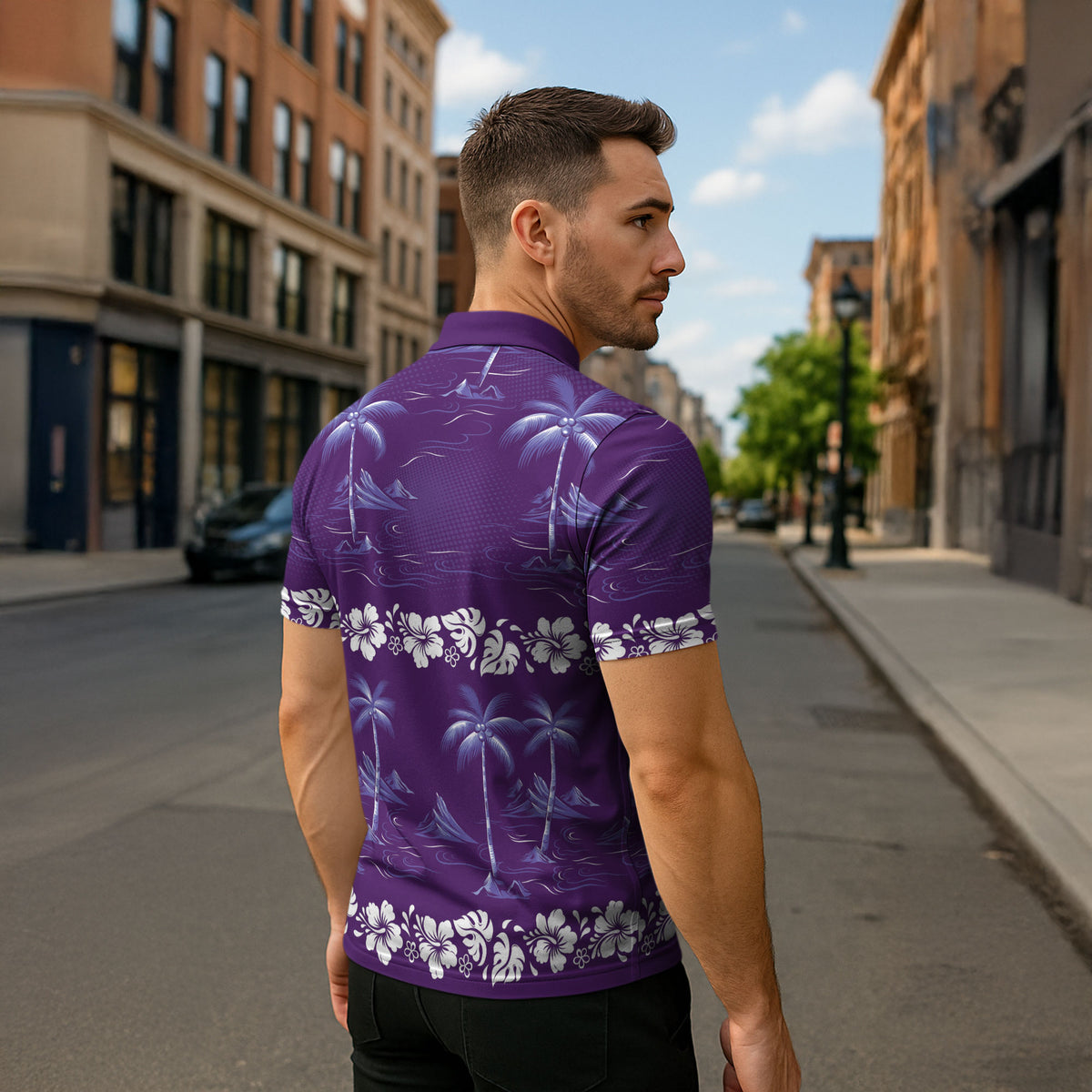 Purple Hawaii Palm Tree Hibiscus Zipper Polo Shirt Fantasy Summer Vibe