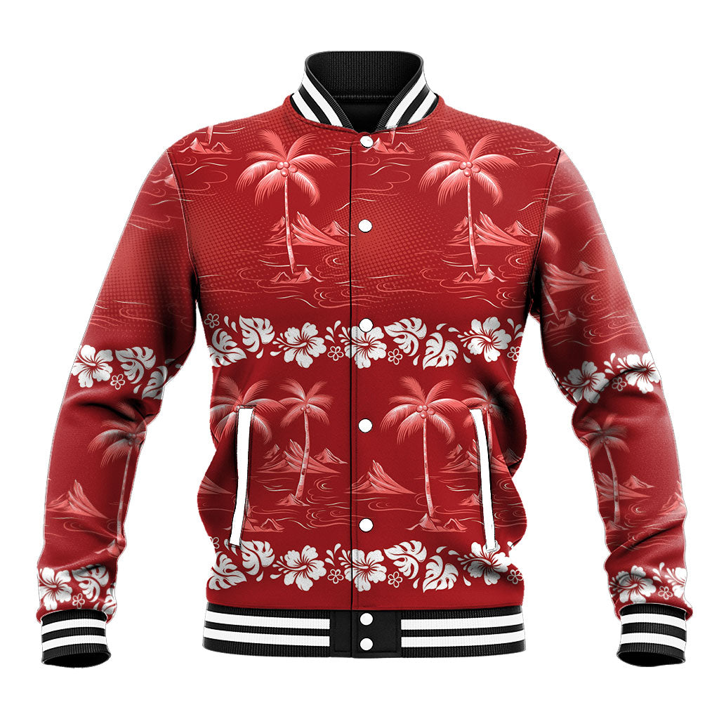 Red Hawaii Palm Tree Hibiscus Baseball Jacket Fantasy Summer Vibe
