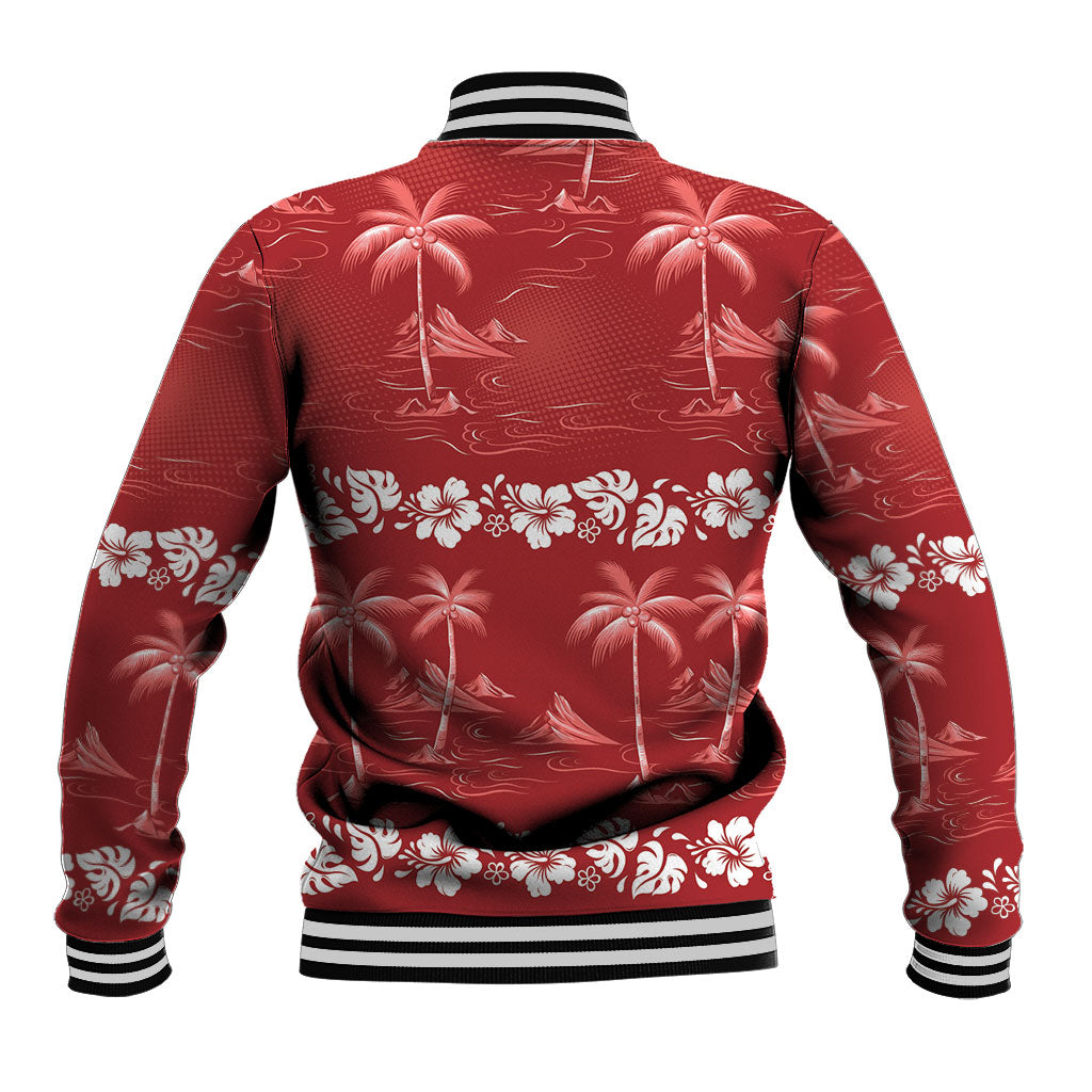Red Hawaii Palm Tree Hibiscus Baseball Jacket Fantasy Summer Vibe