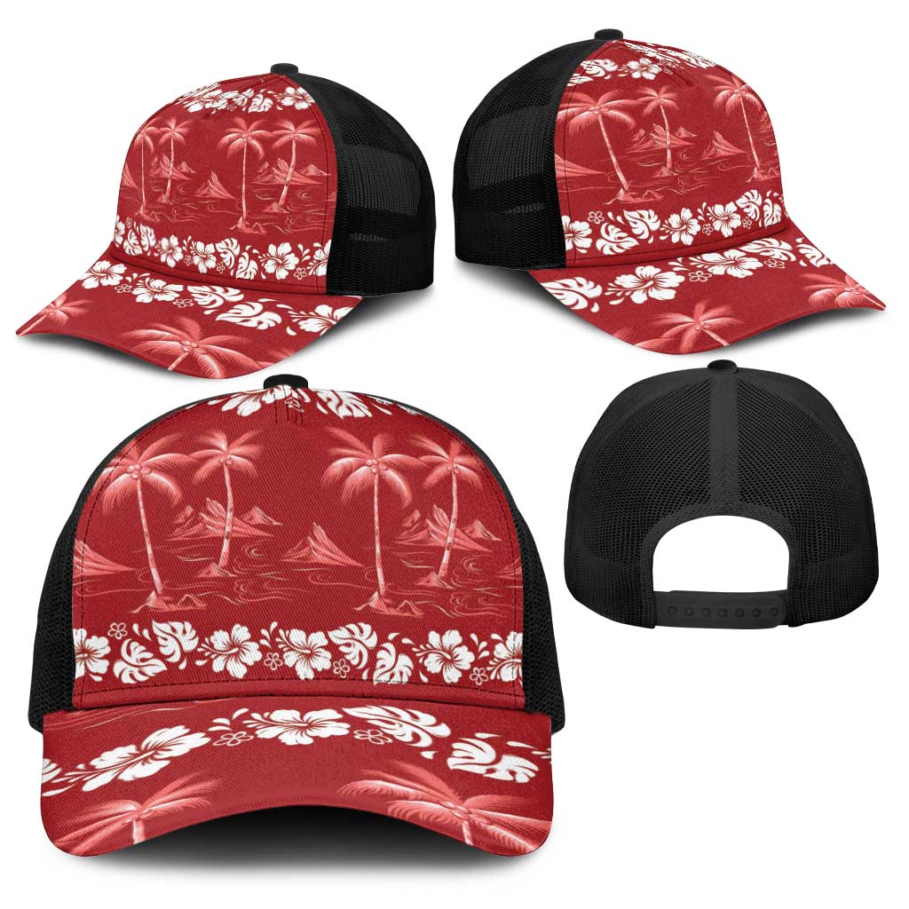 Red Hawaii Palm Tree Hibiscus Baseball Net Cap Fantasy Summer Vibe