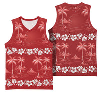 Red Hawaii Palm Tree Hibiscus Basketball Jersey Fantasy Summer Vibe